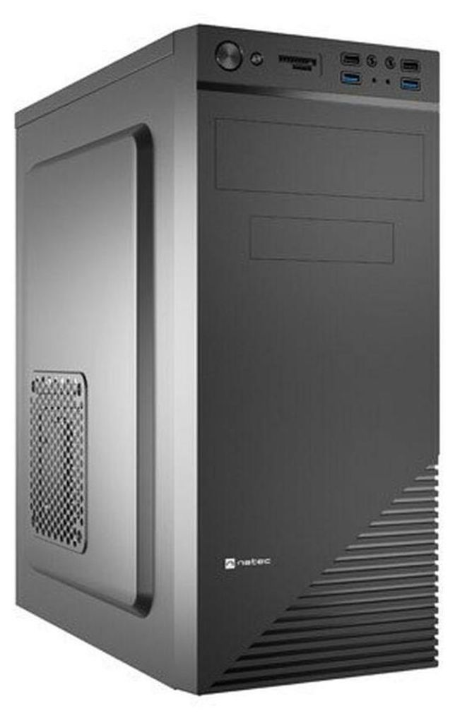 A black computer tower case is shown from a three-quarter front angle against a light gray background.