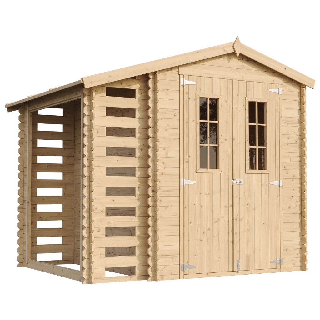A wooden garden shed with an attached wood storage area, shown from the front.