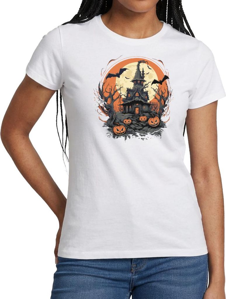 Spreadshirt Halloween Spukhaus Mit Kürbissen Und Vollmond Frauen T-Shirt, XL, Weiß