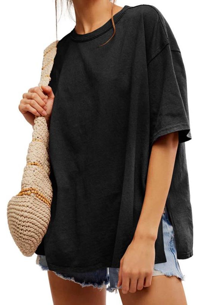 Locker sitzendes Damen-T-Shirt, kurze Ärmel, Rundhalsausschnitt, Seitenschlitze