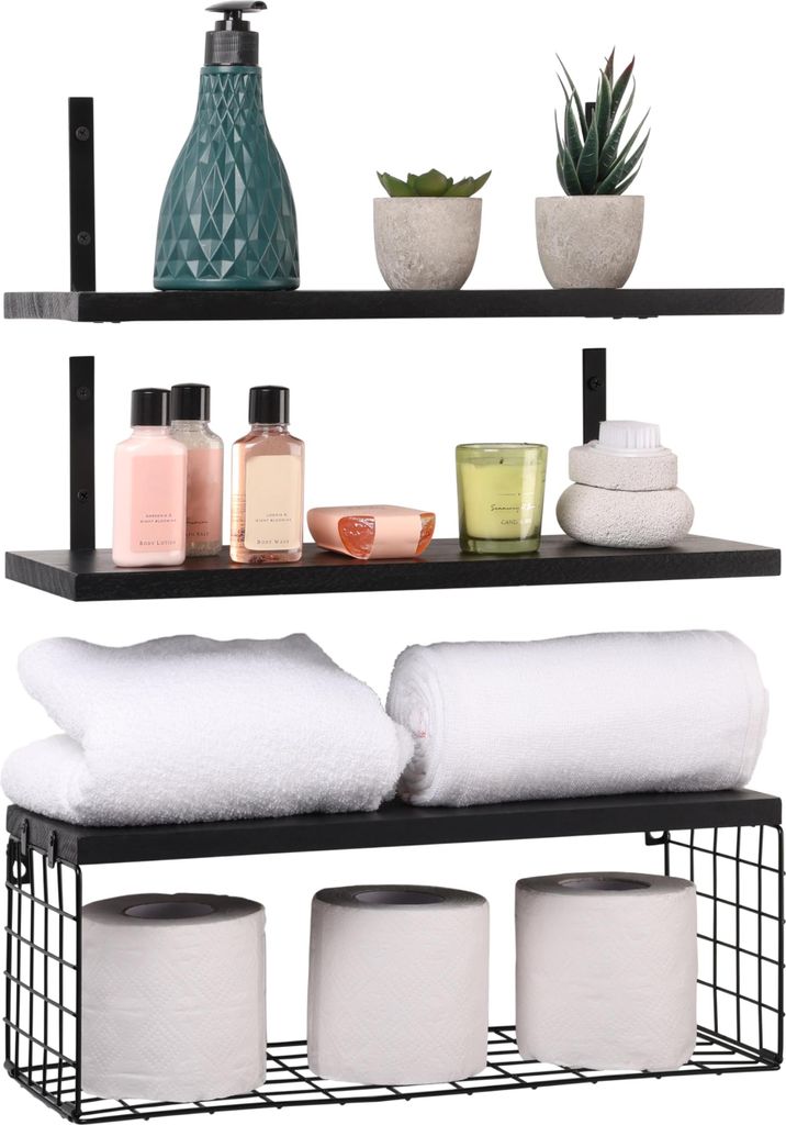 BELLE VOUS (3er Pack Schwarzes Wandregal Holz Set - 42 cm Lang - Rustikales Schwebendes Regal mit Korb - Wandregal Badezimmer, Schlafzimmer,