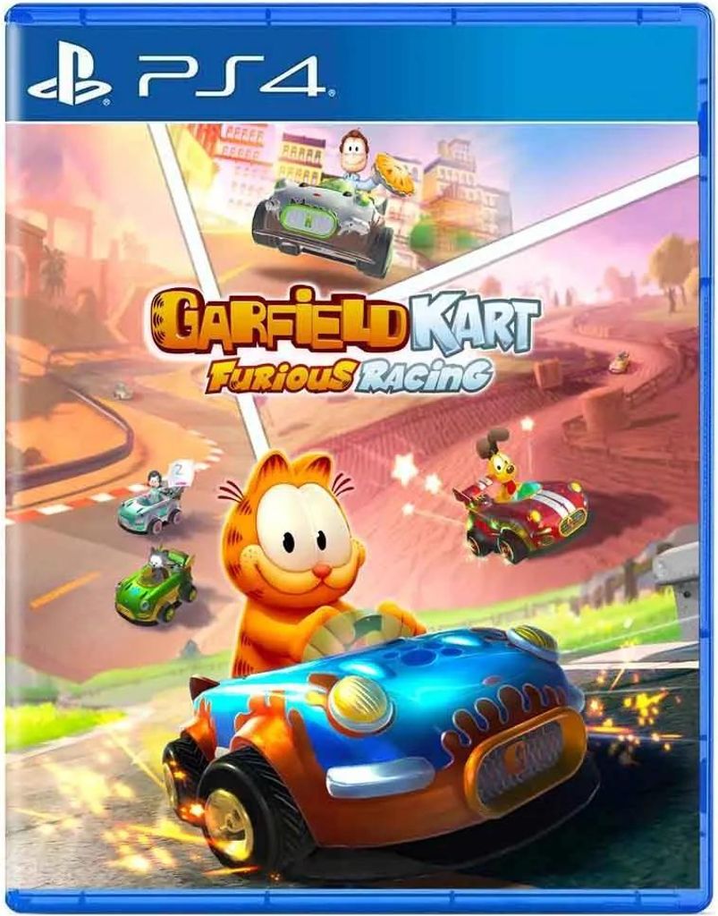 The image is the cover art for the video game Garfield Kart Furious Racing for PlayStation 4.