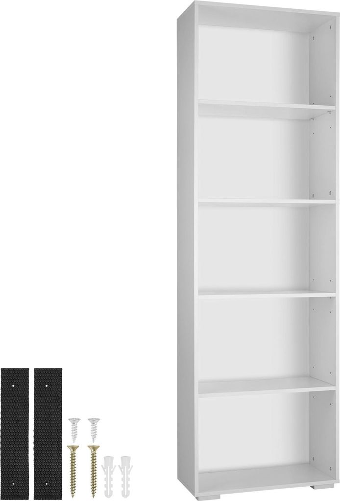 A white bookshelf with included hardware for mounting.