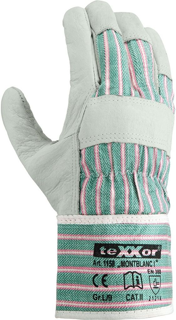 teXXor Rindvollleder-Handschuhe MONTBLANC I 11, Leder natur, Drell grün/rot-gestreift