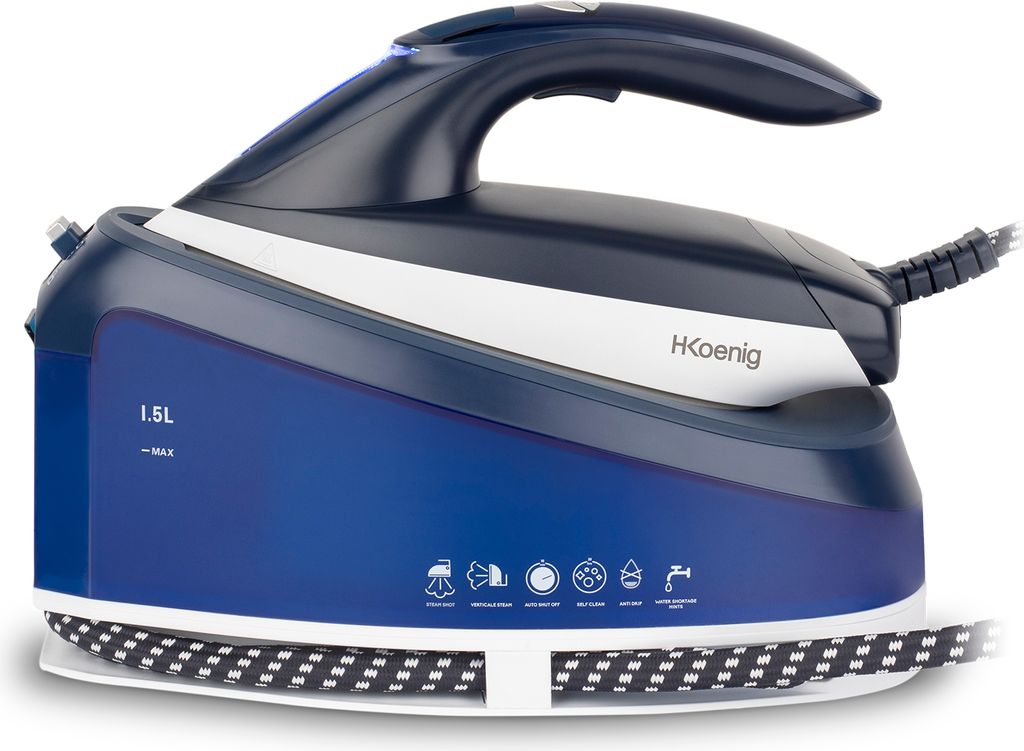 A studio product shot of a blue and white steam iron with a black and white patterned cord.