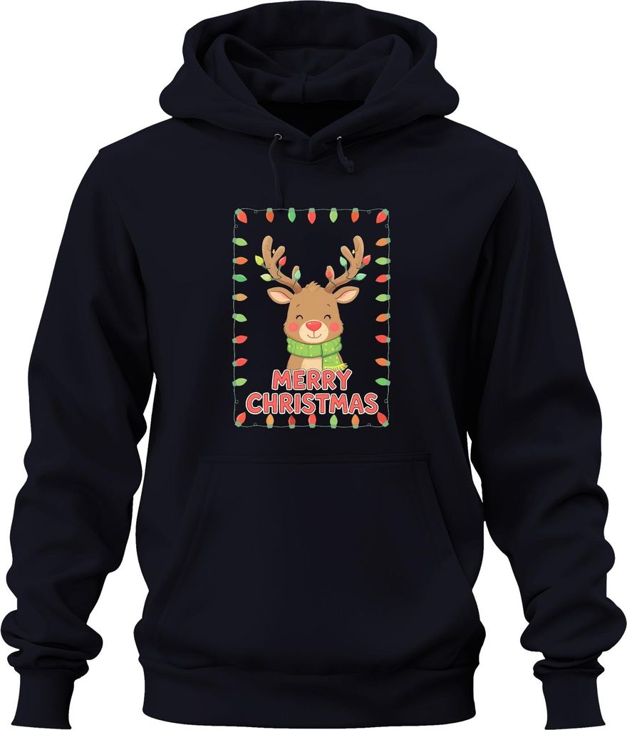 Merry Christmas Rentier Lichterkette Niedlich Kinder Geschenk Uni Hoodie Kapuzenpullover, Navy, 3XL