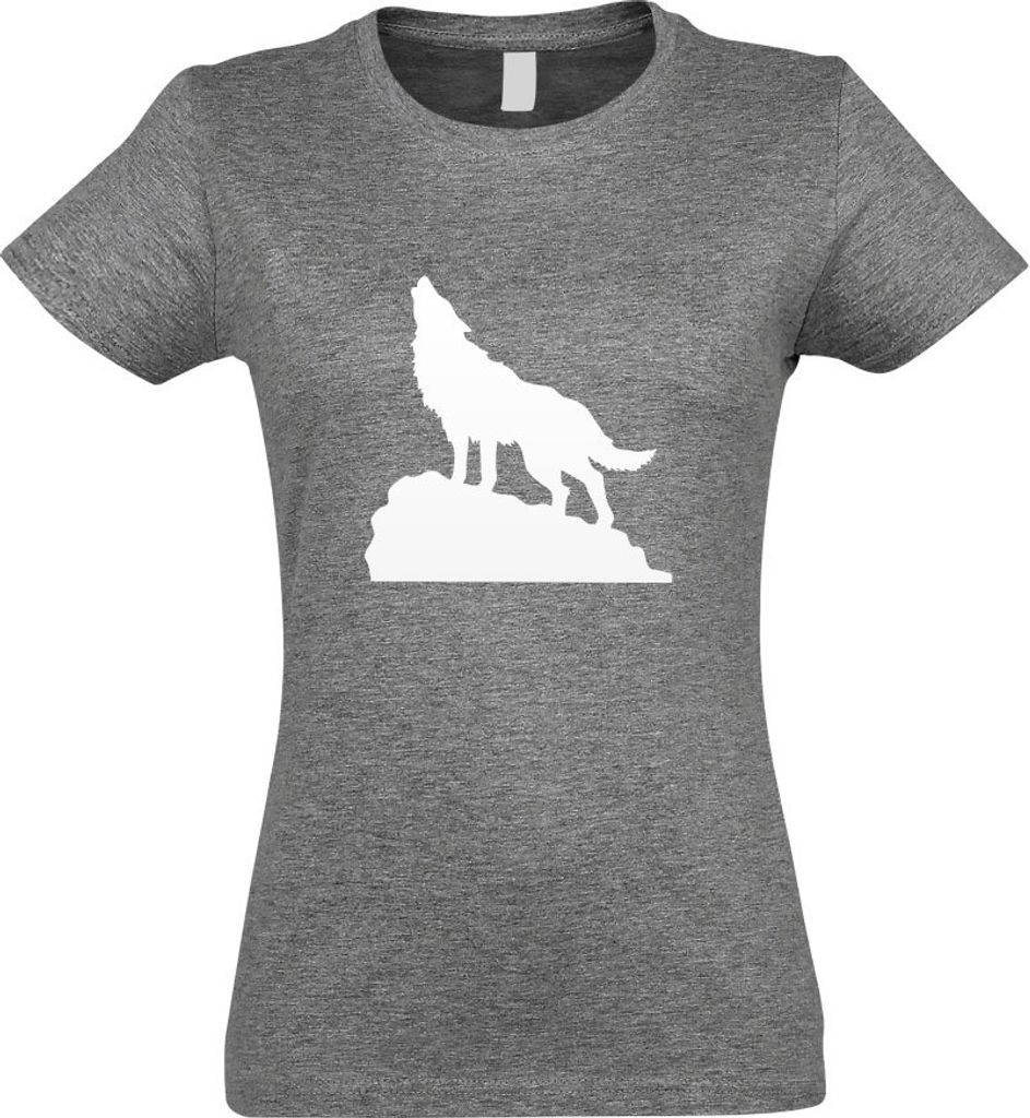 Kiwistar - T-Shirt tailliert - Damen - Graumeliert - Heulender Wolf auf Fels - mit Motiv Bedruckt - Funshirt Design - Sport - Freizeit - Damen - S