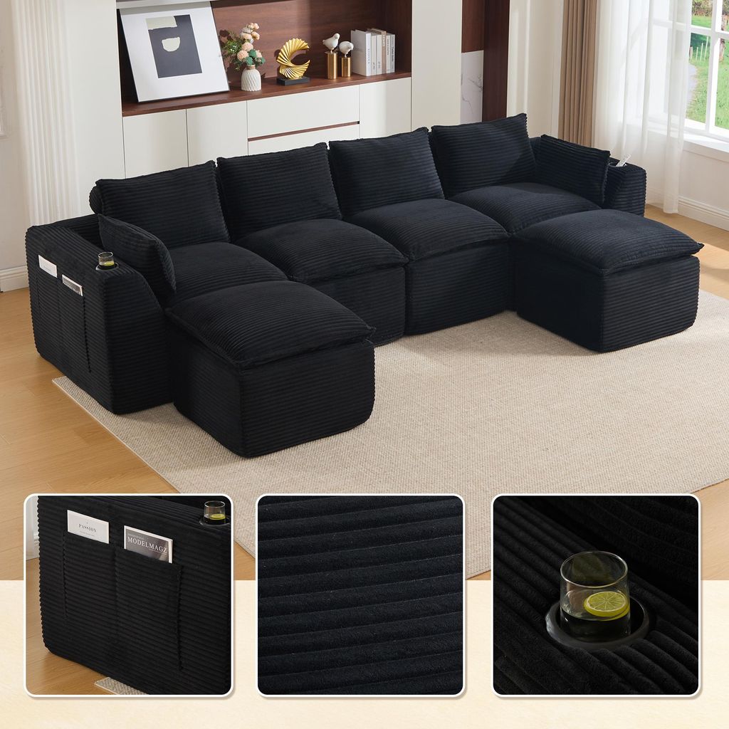 LVHOM XXL Modulsofa 4-Sitzer Cord, U-Form Wohnlandschaft mit Getränkehalter & Seitentaschen, Bigsofa, 322cm, Schwarz