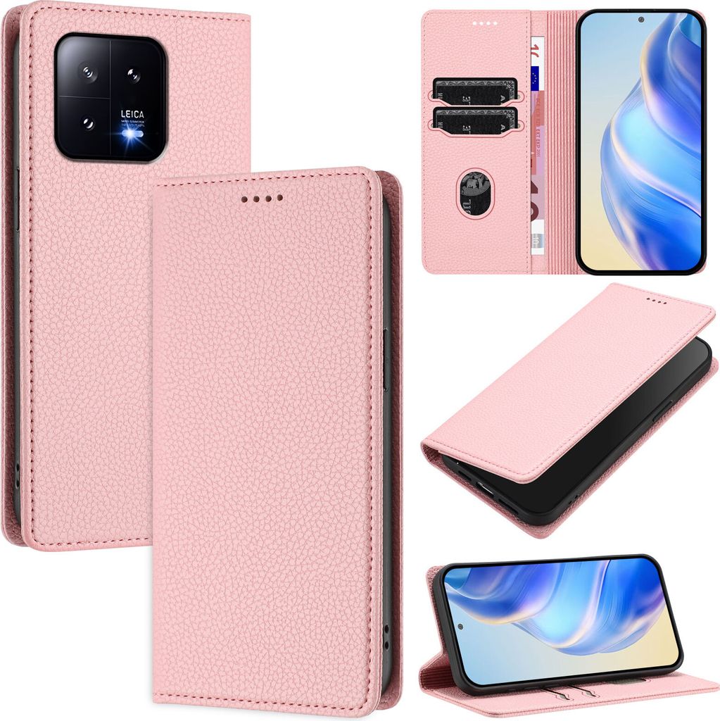 Litchi Leder Handyhülle für Xiaomi 13 Wallet Kartenfächer Standfunktion Hülle Pink