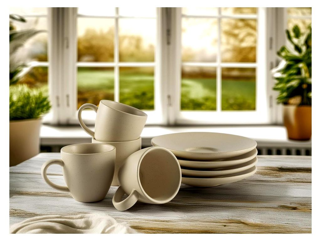 Espressotassen Set aus Steingut – 4er Set, handgefertigt und dickwandig, Steingut Espresso Tassen mit Untertassen (Beige, 75ml)