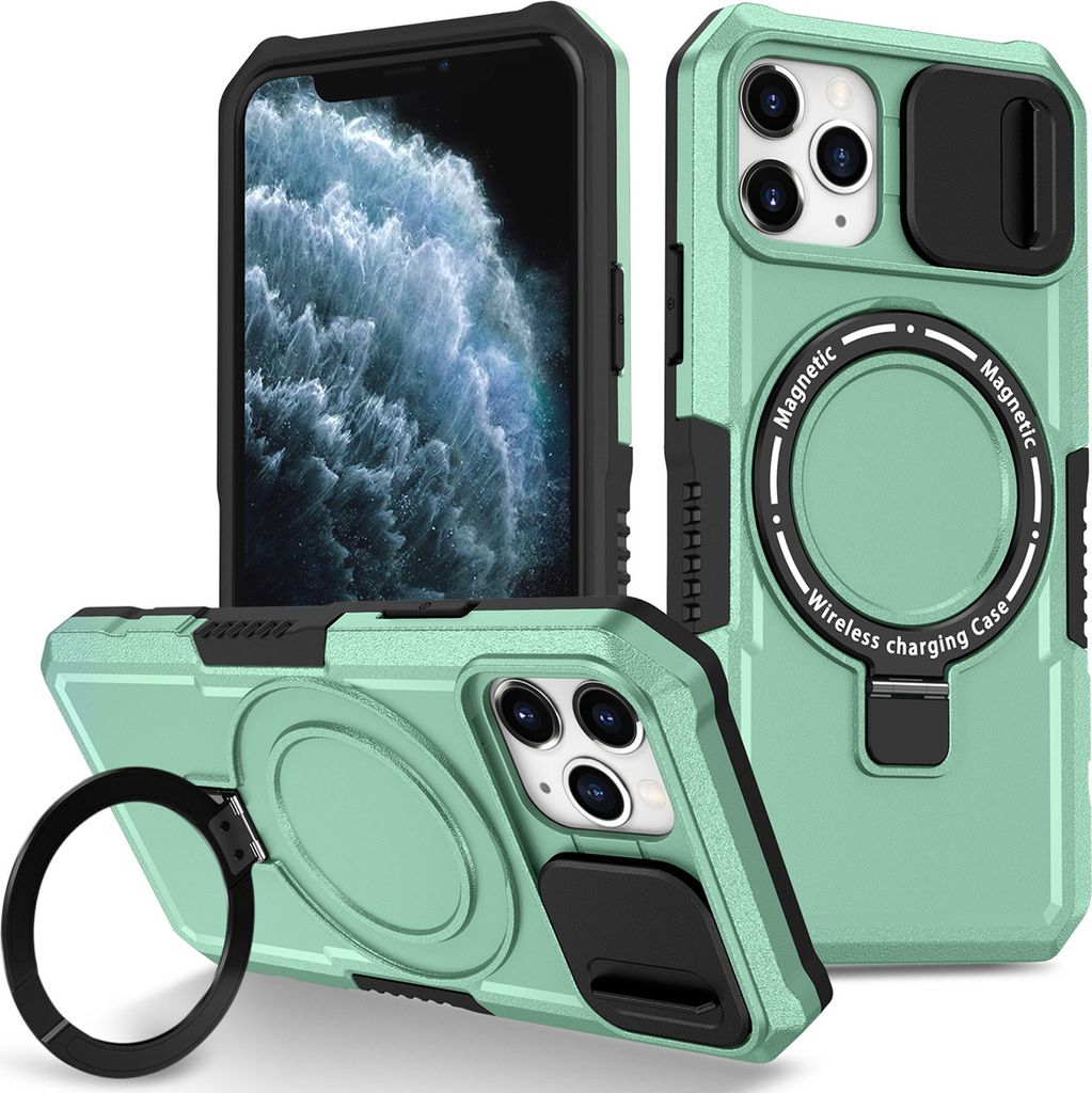 Handyhülle für iPhone 11 Pro Max Kompatibel mit MagSafe, Robuste Hülle mit Schiebe Kamera Schutz, Magnetischer Ringständer Grün