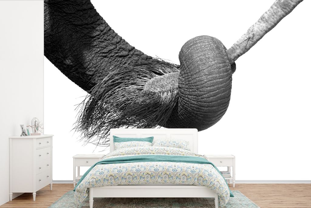MuchoWow Fototapete für Wohnzimmer oder Schlafzimmer Wandtapete Vinyl Motivtapete Nahaufnahme des Rüssels eines jungen Elefanten, der den Schwa...