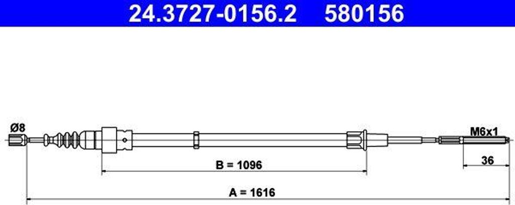 ATE 24.3727-0156.2 Seilzug, Handbremse OE 1H0609721E kompatibel mit Corrado, Golf III, Golf IV, Vento