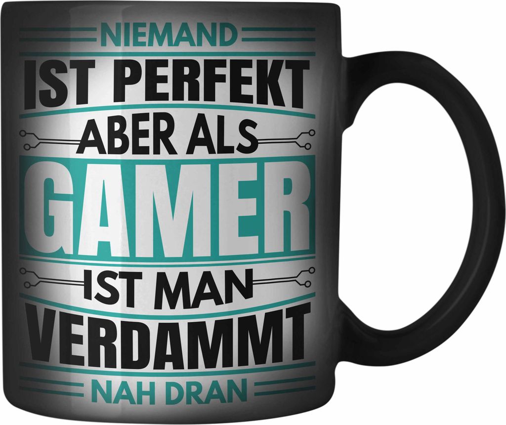 Trendation - Gamer Farbwechsel Zauber-Tasse Geschenk Niemand Ist Perfekt Zocker Geschenkidee für Jungs (Schwarz)