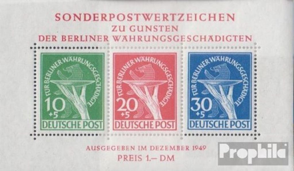 Briefmarken Berlin (West) 1949 Mi Block1II (kompl.Ausg.) C gebrochen und zusätzliche Schraffur postfrisch Währungsgeschädigte