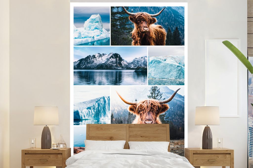 MuchoWow Fototapete für Wohnzimmer oder Schlafzimmer Wandtapete Vinyl Motivtapete Schottischer Highlander - Collage - Berg - Eiscreme - 195x300 ...