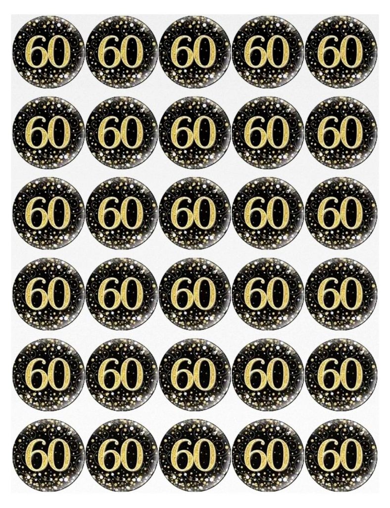 Essbare Cupcake-Topper zum 60. Geburtstag, Schwarz und Gold, 30 Stück