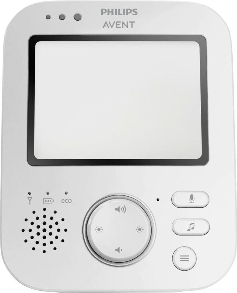 A white Philips Avent video baby monitor is shown from the front against a white background.