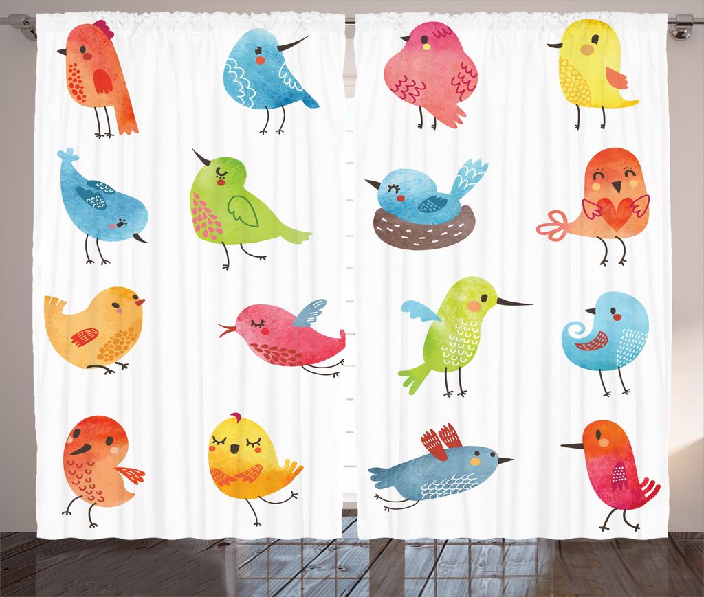 ABAKUHAUS Vögel Rustikaler Gardine, Bunte Humor Vogel, Schlafzimmer Kräuselband Vorhang mit Schlaufen und Haken, 280 x 175 cm, Mehrfarbig