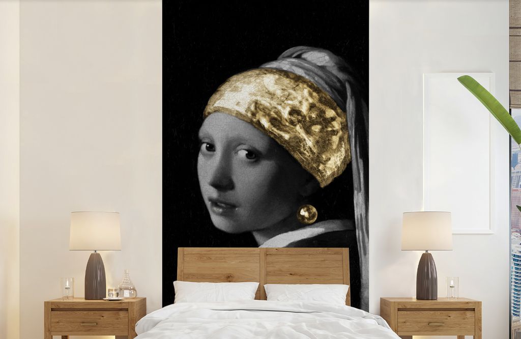 MuchoWow Fototapete für Wohnzimmer oder Schlafzimmer Wandtapete Vinyl Motivtapete Mädchen mit einem Perlenohrring - Vermeer - Gold - 120x240 cm...