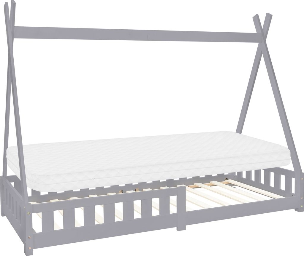 ML-Design Kinderbett Tipi 90x200 cm mit Matratze, Rausfallschutz und Lattenrost, aus Kiefernholz, Hellgrau, Hausbett mit Zaun Bodenbett Holzbett