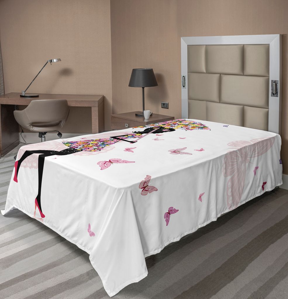 ABAKUHAUS Feminin Bettlaken, Mädchen Mit Floralen Regenschirm Und Kleid Mit Schmetterlingen Kunstdruck, weiches bequemes oberes Bettlaken für ein...