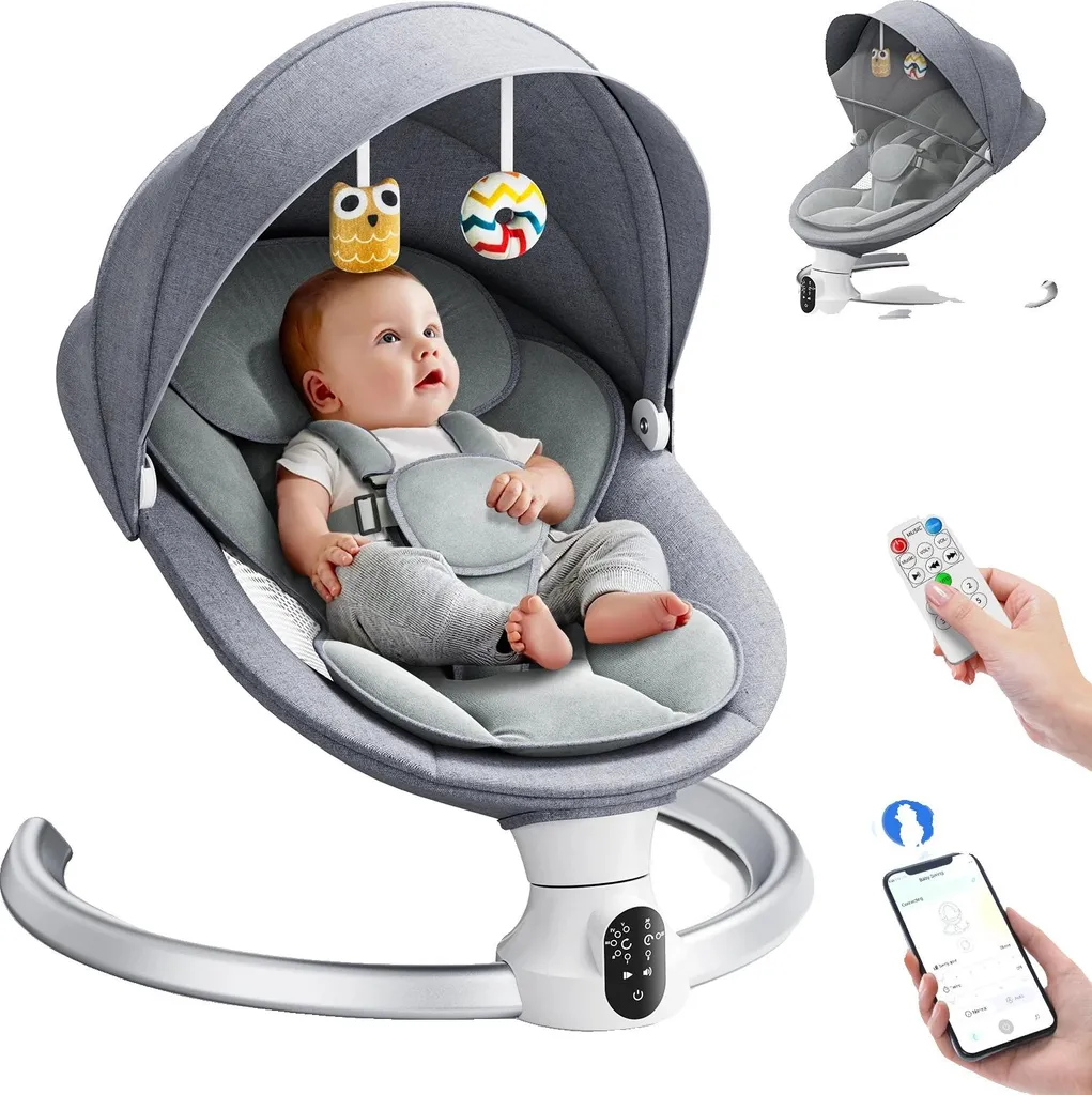 Transat bébé gris clair balancement réglable et musique Bluetooth