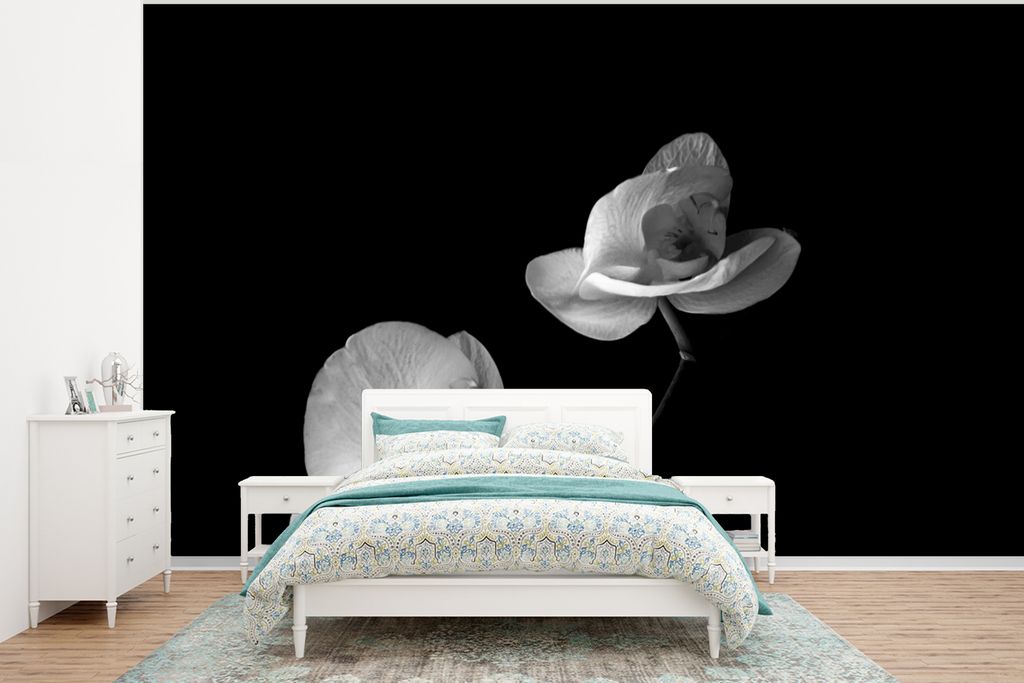 MuchoWow Fototapete für Wohnzimmer oder Schlafzimmer Wandtapete Vinyl Motivtapete Orchidee - Blumen - Schwarz - Weiß - Stilleben - 400x300 cm