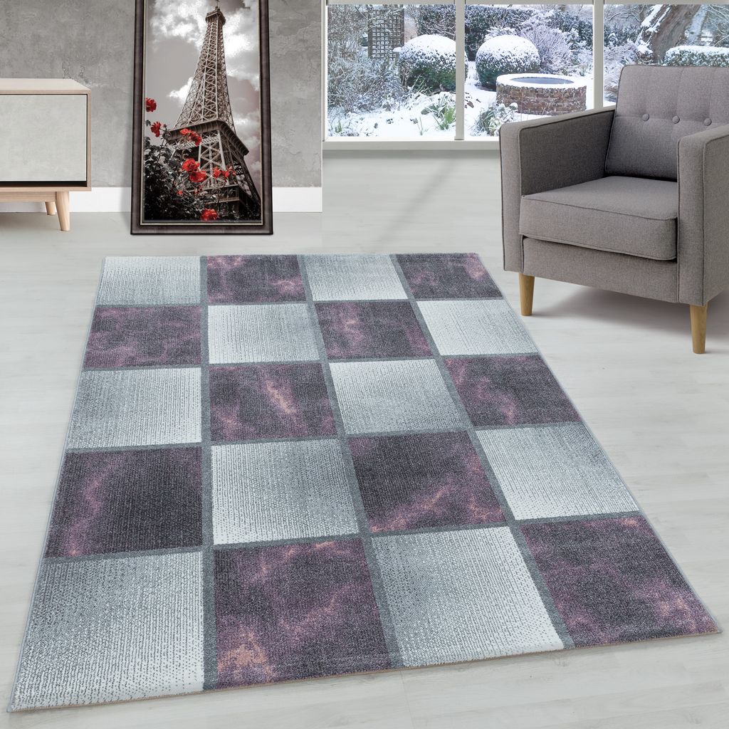 Modern Designer Wohnzimmer Teppich Weicher Kurzflor Kariert Produktbild 