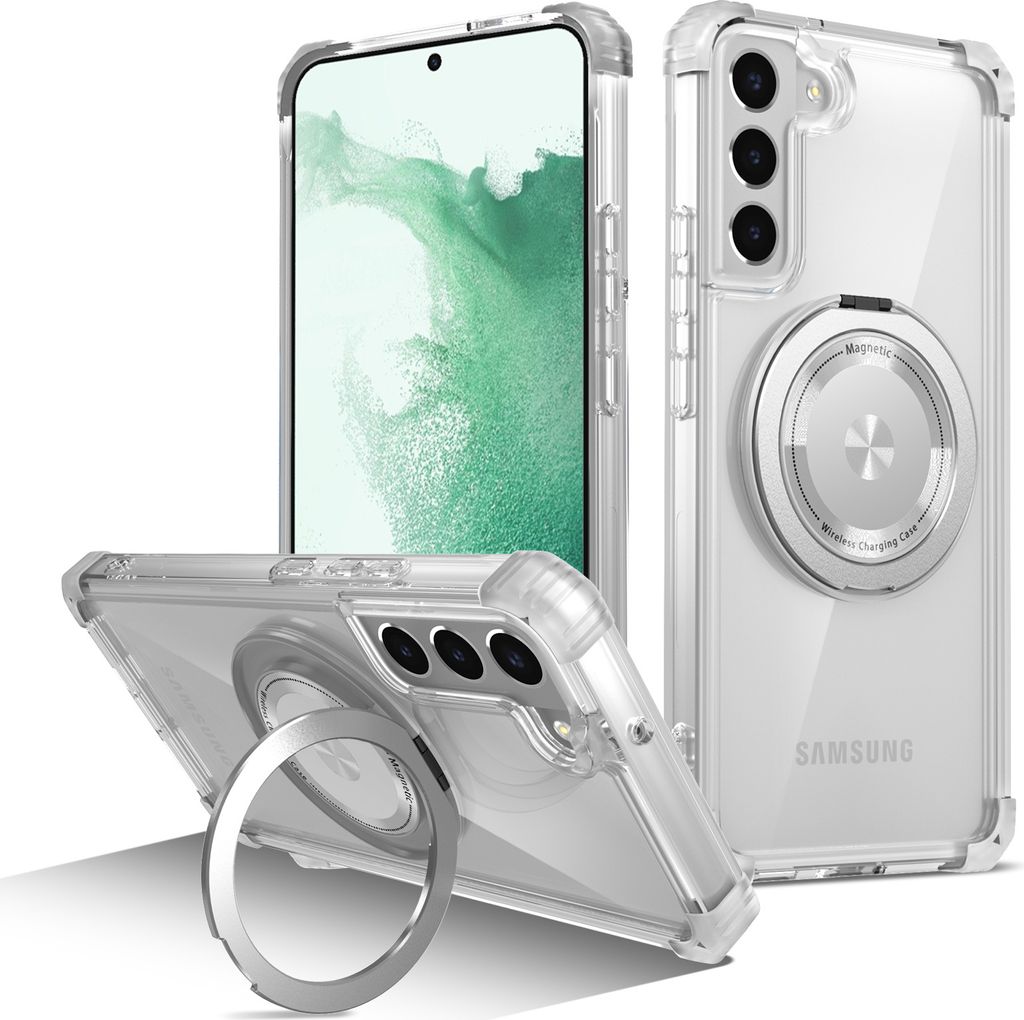 Three views of a clear phone case with a magnetic ring holder for a Samsung Galaxy S22+ 5G, shown on a white background.