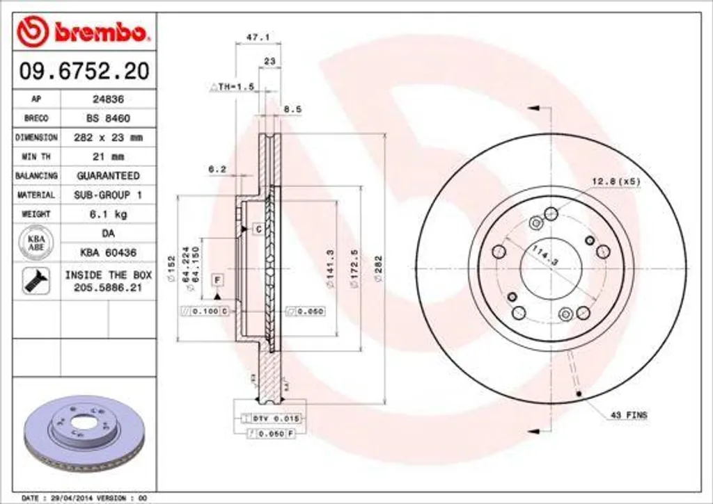 Disque de frein Brembo 09.6752.20 pour Honda Civic VII et CR-V II