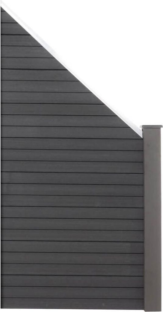 A section of a dark gray composite fence with a diagonal white top edge, shown against a white background.