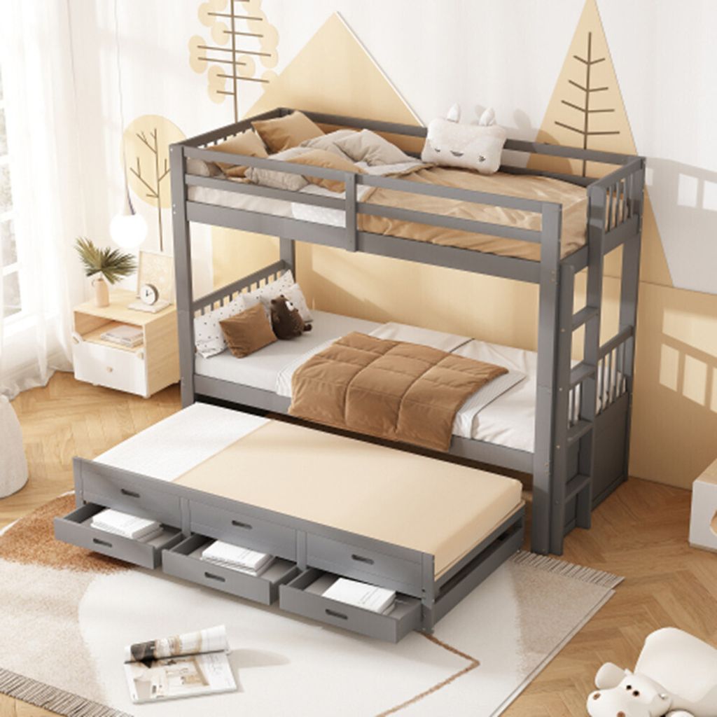 Etagenbett Kinderbett, Hausbett für Mädchen und Jungen, Bettgestell mit Leiter undausziehbarem Bett und 3 Schubladen 90x200cm