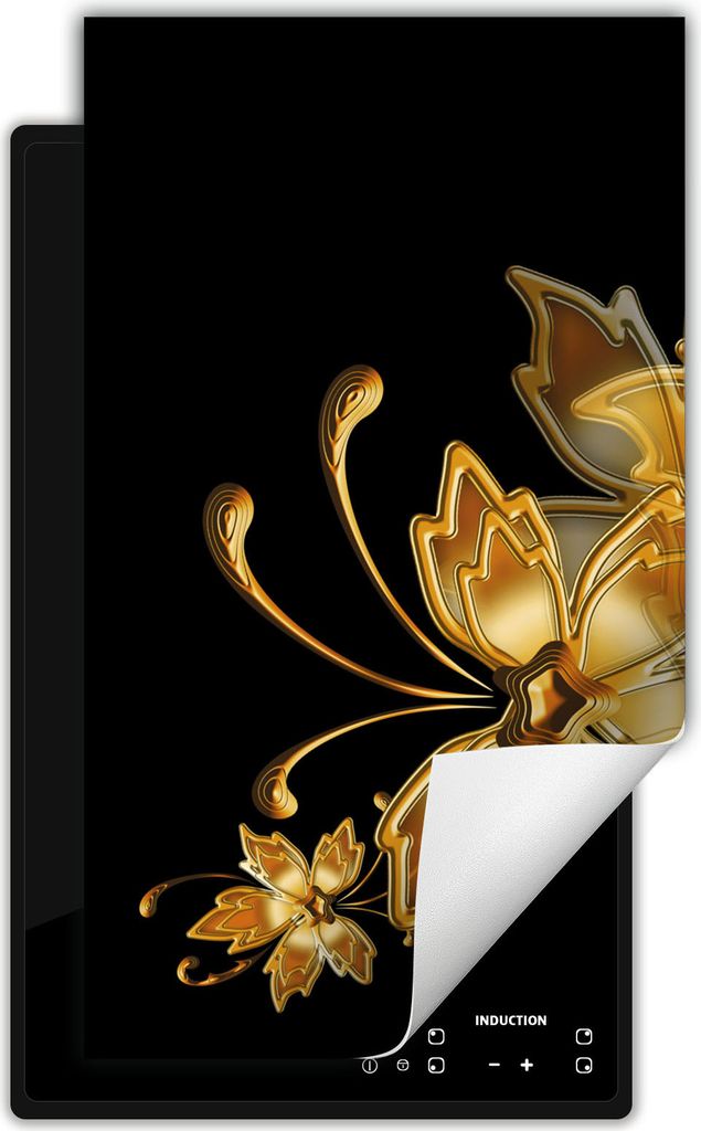 DarHaus Herdabdeckplatte 1 teilig 30x52 cm Anti Rutsch Matte Aufrollbar, schwarz - gold - Blumen