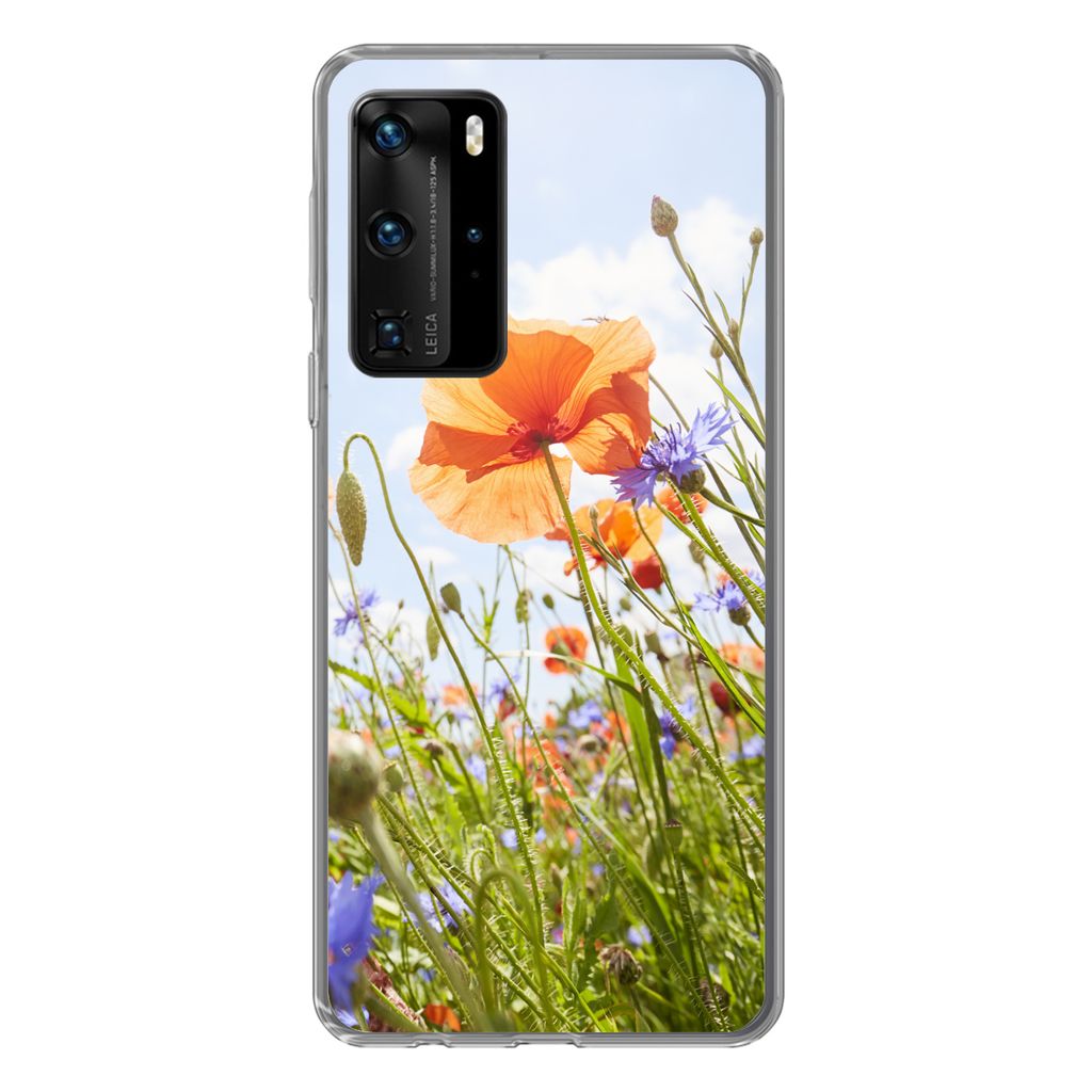 MuchoWow Handyhülle Schutzhülle Hülle für Huawei P40 Pro Blumen - Mohn - Frühling - Natur - Rot - Blau Silikon Softcase Handy Hülle - Schutz