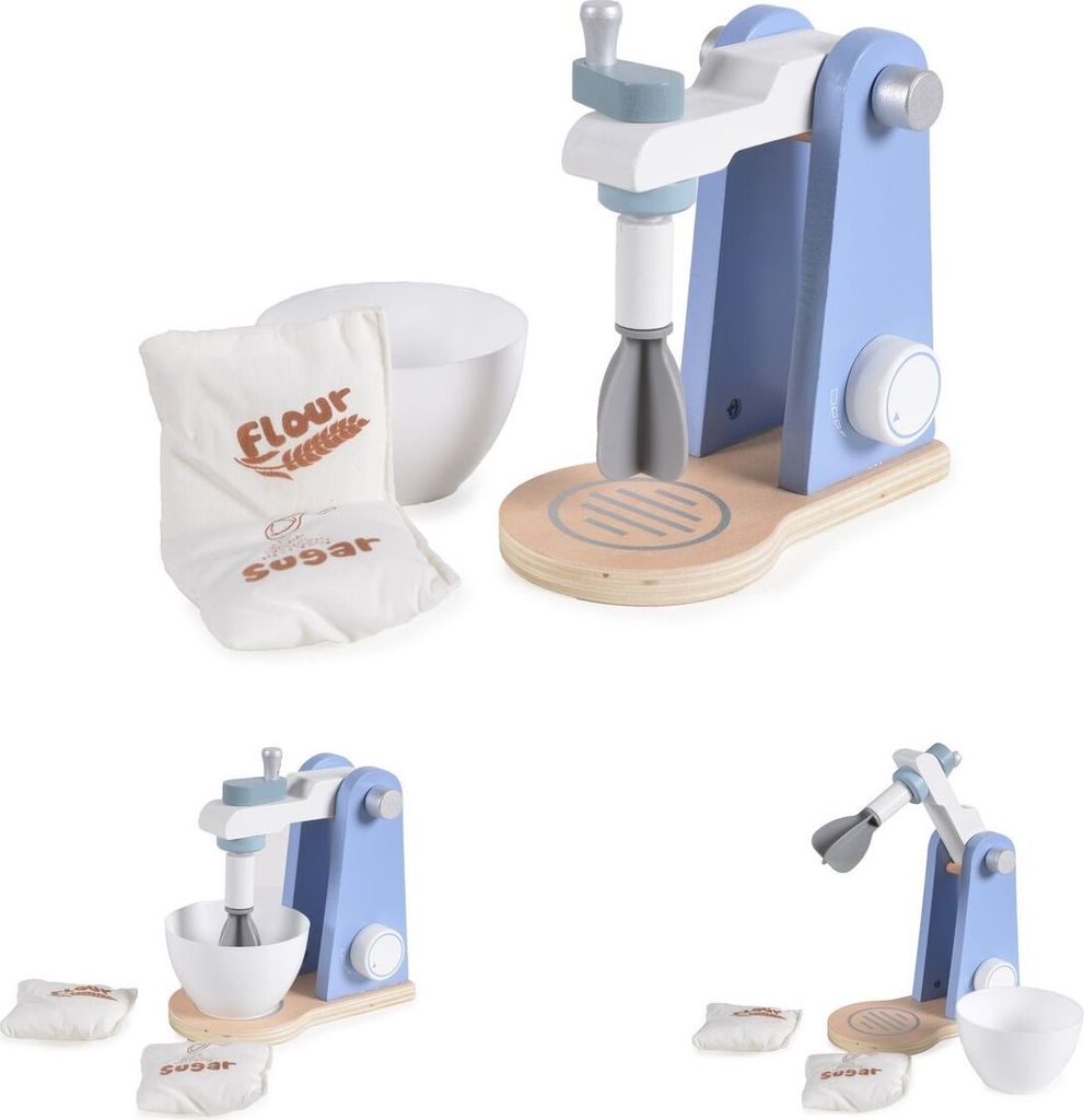 Moni Spielzeug Mixer 4342 Holz, Rührschüssel abnehmbar, Spiel-Mehl- Zuckerbeutel blau