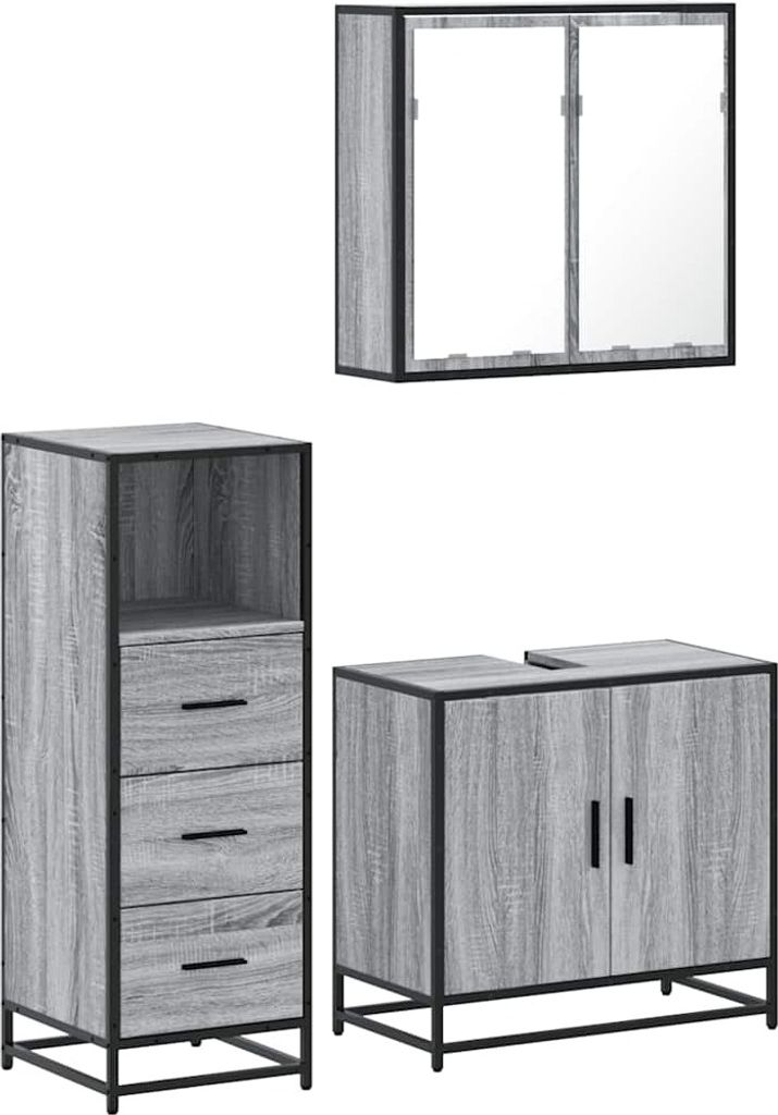 Möbel 3-tlg. Badmöbel-Set/Badezimmermöbel-Set - Badkommode - Badezimmerschrank - Grau Sonoma Holzwerkstoff - Vitrinenschrank CLORIS4142838