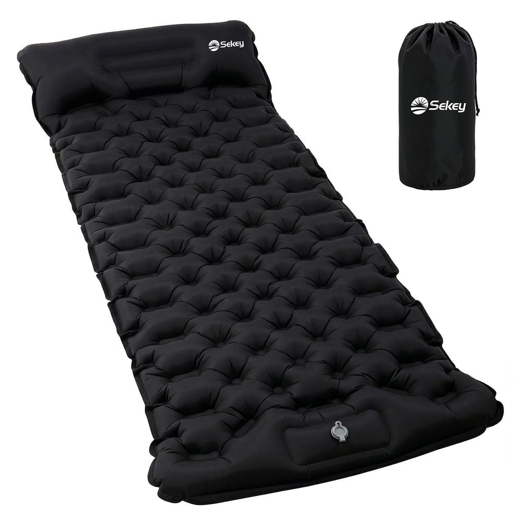 Sekey Selbstaufblasende Isomatte 200×70 cm mit Fußpumpe, 10 cm Dicke Luftmatratze Camping mit 14 cm Kopfkissen, Schwarz