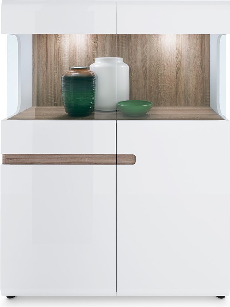Ess-/Wohnzimmer Highboard mit Beleuchtung in weiß Hochglanz mit Trüffel Eiche Nb. LEGNICA-129, B/H/T ca. 109,5/143,5/42 cm