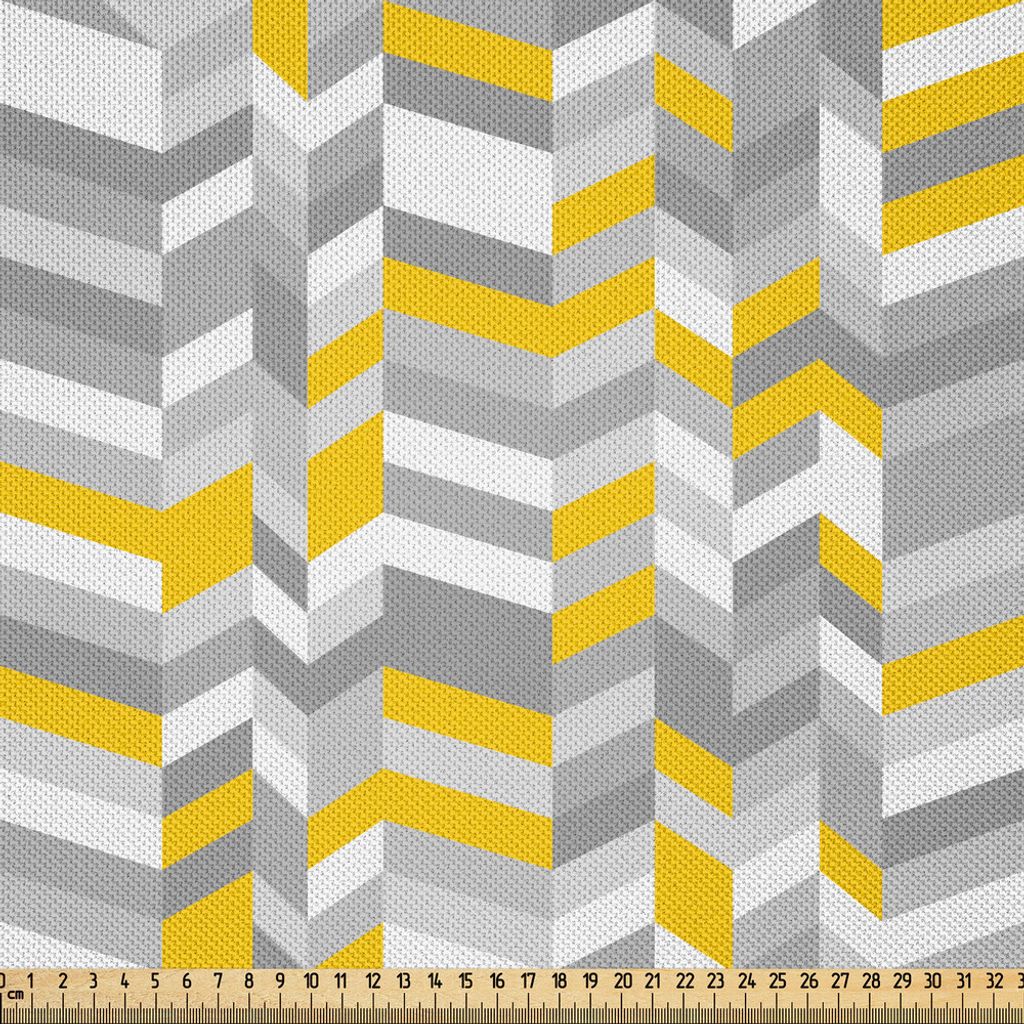 ABAKUHAUS Grau und Gelb Satin Stoff als Meterware, Geometrische Vintage 60s Home Muster inspiriert Fischgrat Zig Zag Linien, 10 M (148 x 1000 cm), ...