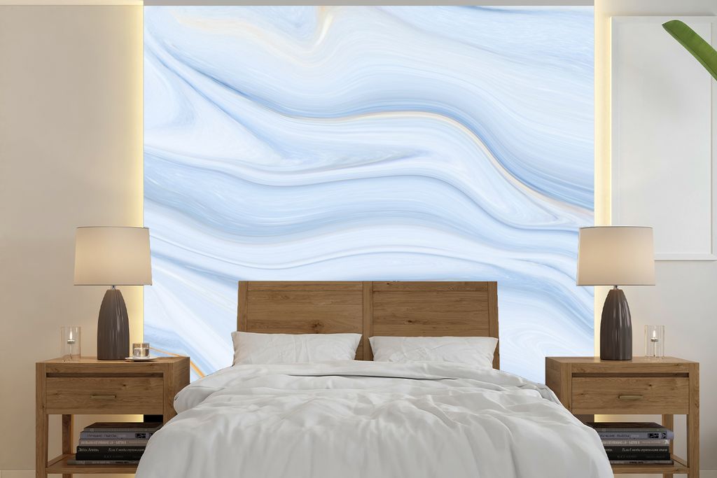 MuchoWow Fototapete für Wohnzimmer oder Schlafzimmer Wandtapete Vinyl Motivtapete Marmor - Welle - Blau - Muster - Marmoroptik - Pastell - 300x3...