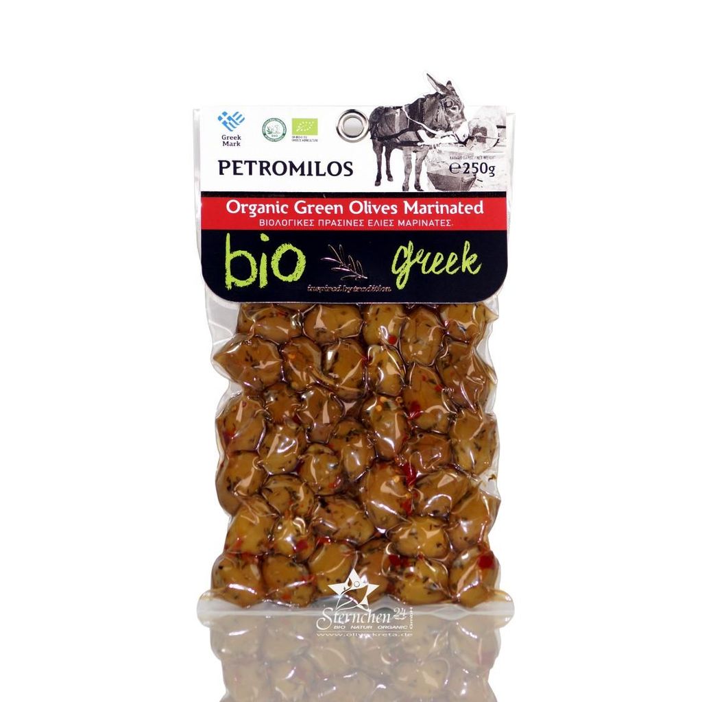 ELLIE 14511 Organic Grüne Oliven mariniert 250g vakuumverpackt PETROMILOS