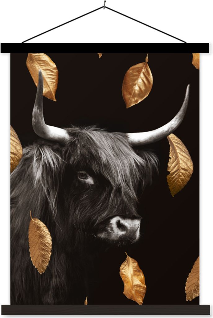 MuchoWow Textilposter Schottisches Hochlandrind - Blätter - Gold 90x120 cm mit schwarzem Rahmen - Dekoration