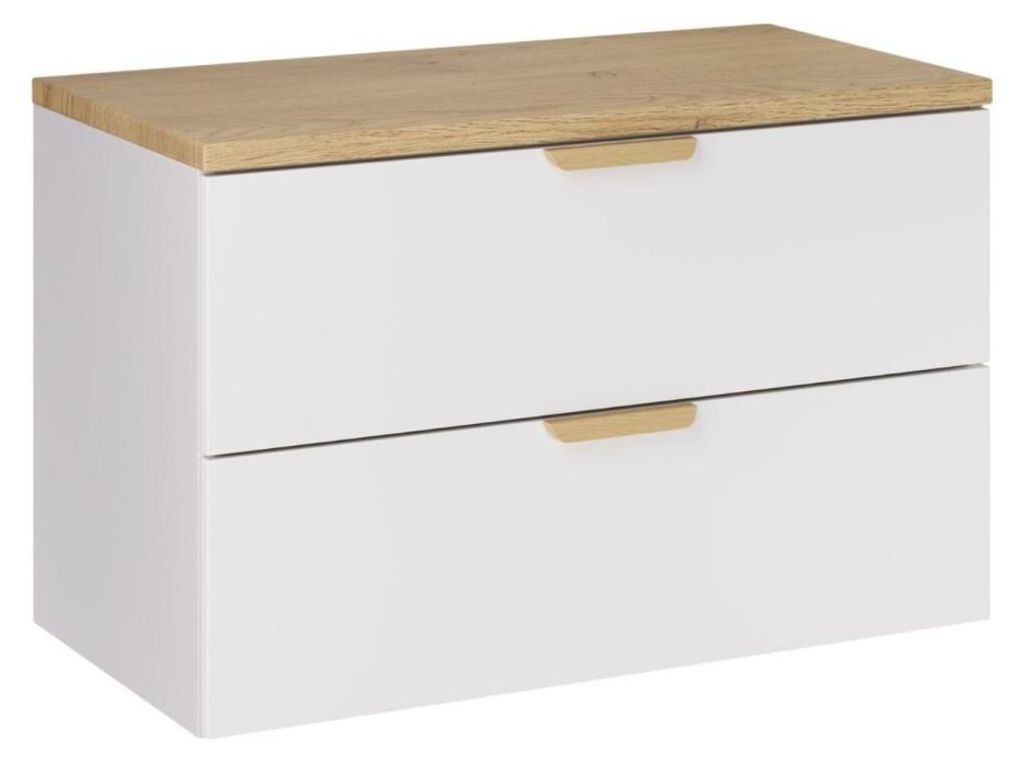 Hängendes Badezimmer-Set OSTER 80cm: Unterschrank mit weißen Schubladen + Waschtischplatte in heller Eichenoptik