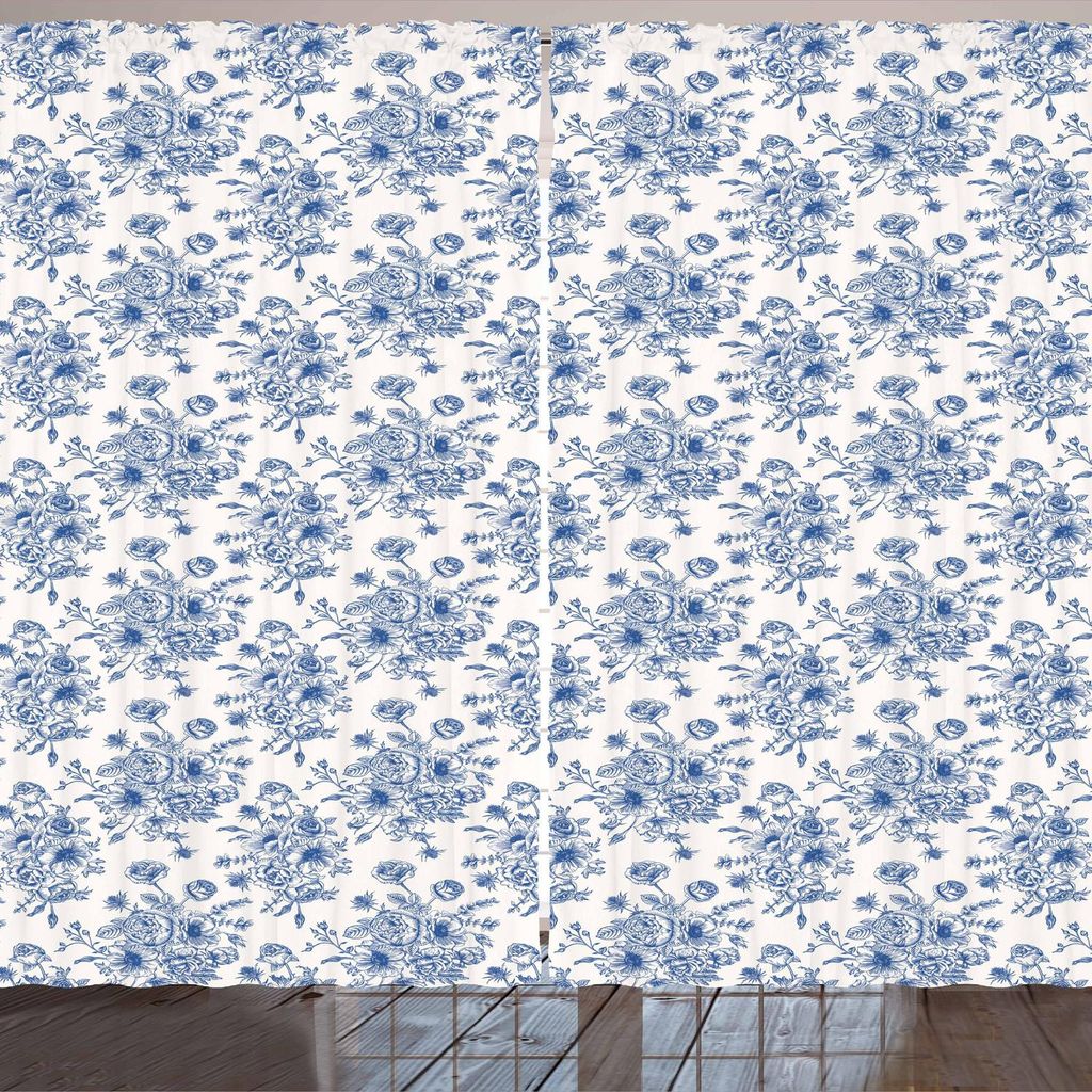 ARANDE Blau und weiß Gardine, Flüchtige Rosen-Anemonen und Eustoma im blauen Farbton-romantischen Vintagen Blumenstrauß, 280 x 225 cm, Blau Weiss