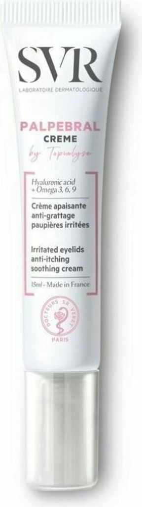 A product shot of a tube of SVR Palpebral by Topialyse eye cream against a white background.