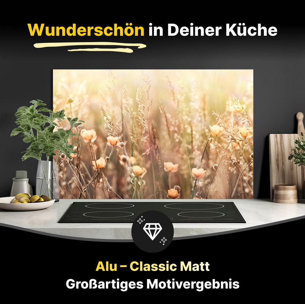 Spritzschutz Küchenrückwand aus Aluminiumverbund in Matt 125x60 cm - Blumenfeld mit Sonnenstrahlen