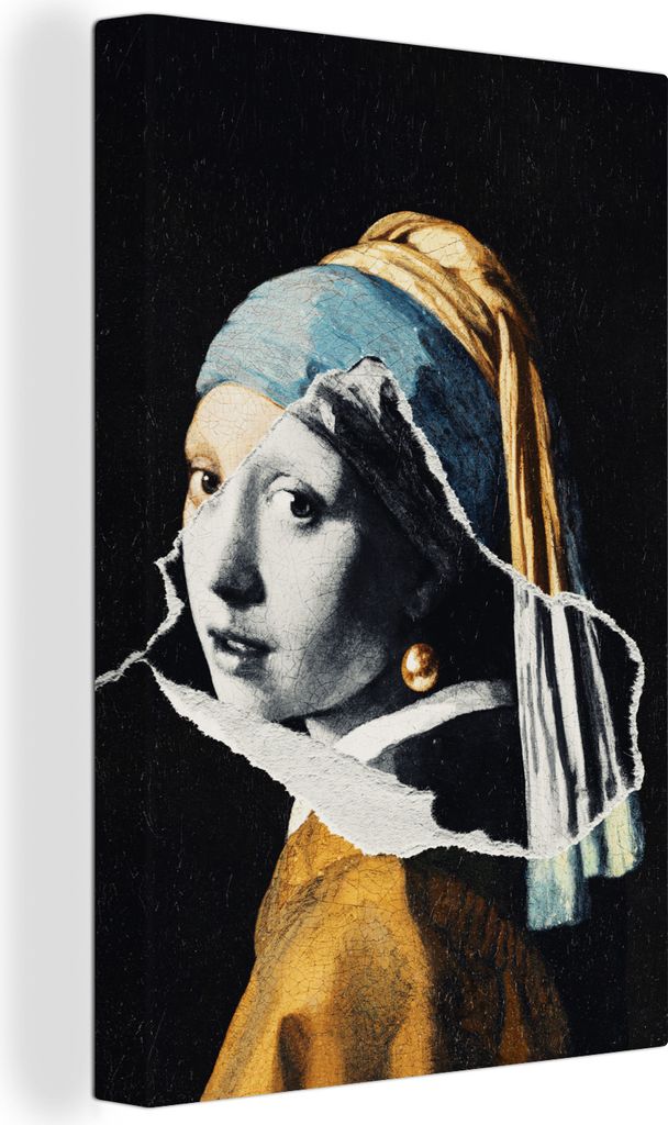 OneMillionCanvasses - Leinwandbilder - 90x140 cm, Mädchen mit Perlenohrring - Gold - Schwarz - Weiß, Wandbilder Kunstdruck Wanddekoration - Fot...