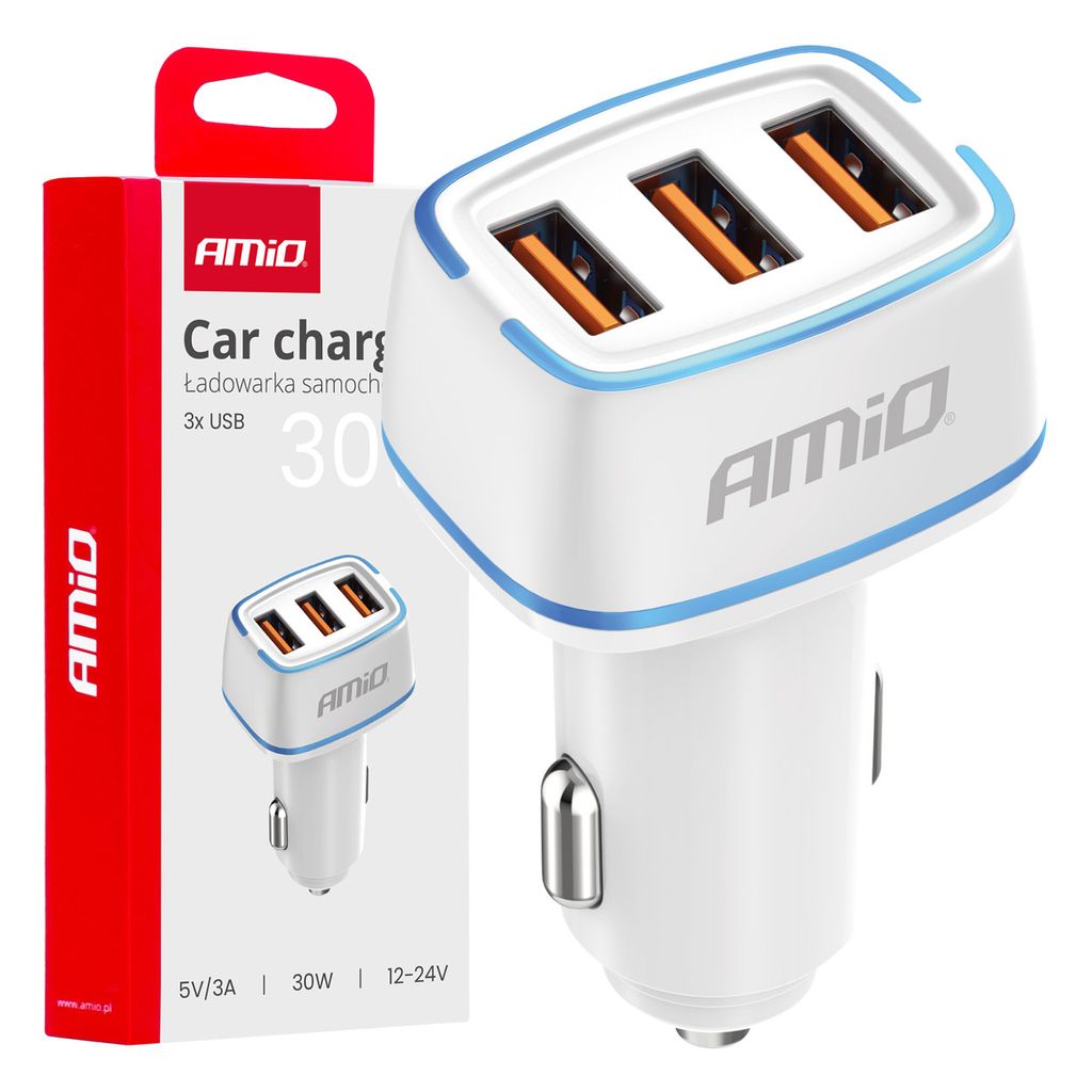 AMiO Autoladegerät Telefon USB-C + 2x USB-A 32W 12/24V Weiß