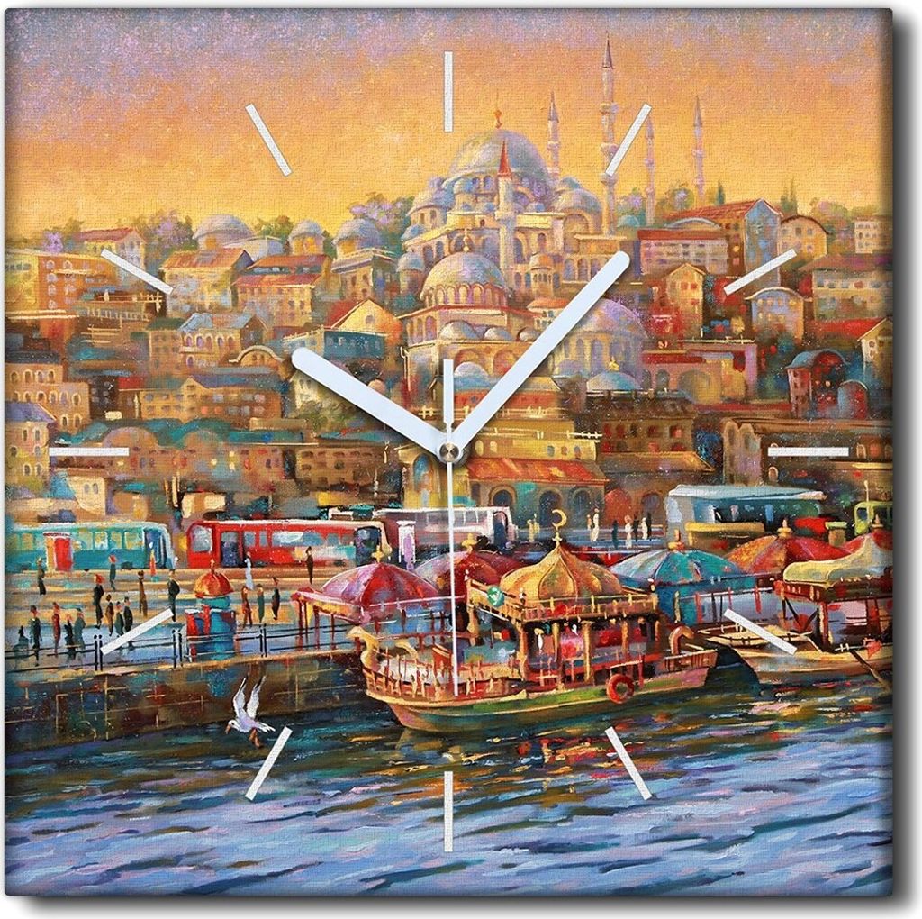 Coloray Uhr auf Leinwand 30x30 cm Wand Uhr Dekoration Wohnzimmer Segeltuch weiße Zeiger -Istanbul Bay Horn.